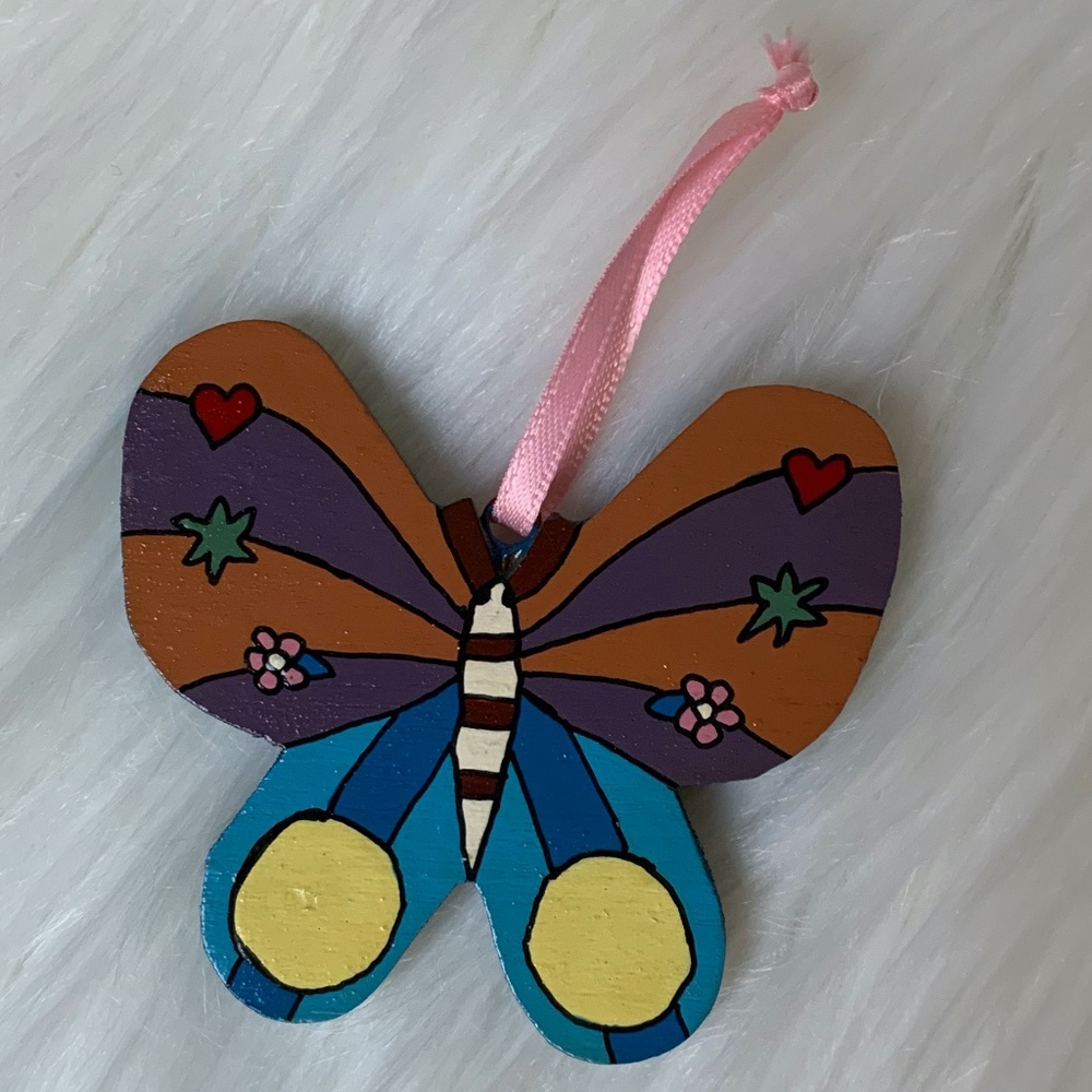 Hand Painted Butterfly Wooden Ornament 3" x 2.5"